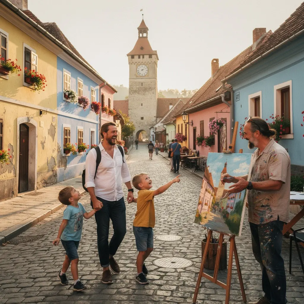 Grup de turiști admirând arhitectura unei biserici vechi din România.