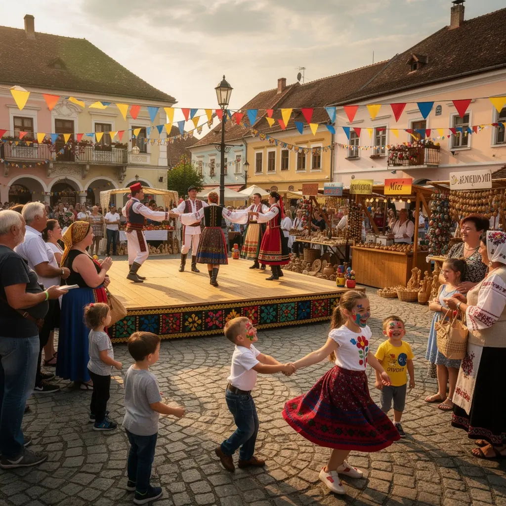 Turiști degustând preparate tradiționale românești la o piață locală.